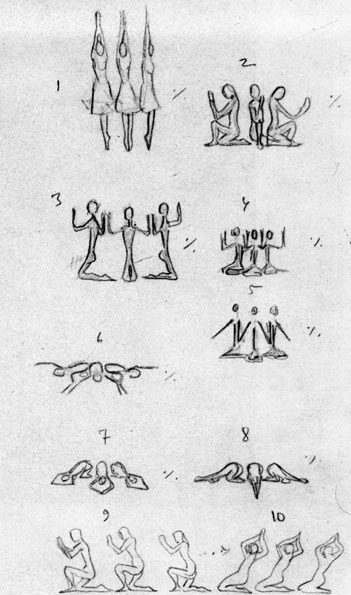 Рис. 134. 'Синий бог'. Зарисовки поз и групп М. Фокина. 1911